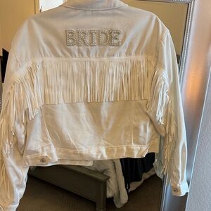 Pearl Embellished White Fringe Jean Jacket